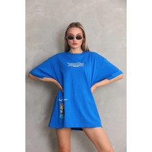 Modaurul Unisex Bisiklet Yaka Baskılı Oversize T-Shirt - Mavi