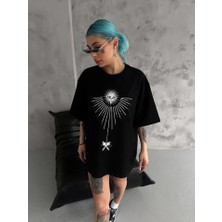 Modaurul Unisex Bisiklet Yaka Baskılı Oversize T-Shirt - Siyah