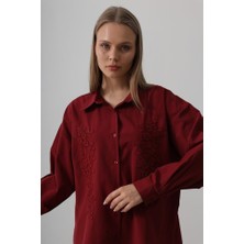 Modaurul Boncuk Nakış Detaylı Uzun Gömlek - Bordo