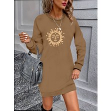 Modaurul Kadın Uzun Kollu Bisiklet Yaka Güneş Desenli Viskon Iki Iplik Elbise