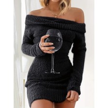 Modaurul Kadın Uzun Kollu Omuzlardan Açık Kısa Şardonlu Triko Elbise