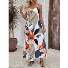 Modaurul Kadın Ip Askılı Geniş V Yakalı Desenli Süprem Elbise