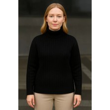 Modaurul Balıkcı Yaka Bağazlı Triko Kazak Pamuklu Kalın Fitilli Dokuma - Siyah