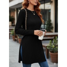 Modaurul Kadın Uzun Kollu Bisiklet Yaka Iki Yandan Yırtmaç Detay Triko Bluz