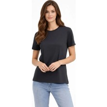 Modaurul Bisiklet Yaka Tişört Regular Kalıp Basic Pamuklu Günlük Kullanım T-Shirt - Füme