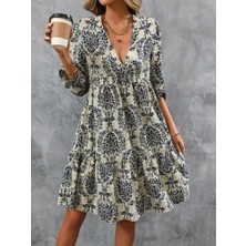 Modaurul Kadın Uzun Kollu V Yakalı Fırfırlı Mini Süprem Elbise