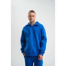 Modaurul Erkek Patlı Yaka Üç Iplik Pamuklu Sweatshirt Double Oversize Rahat Kalıp Günlük Kullanım - Mavi