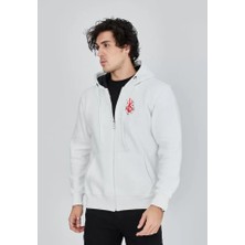 Modaurul Unisex Baskılı Tam Fermuarlı Kapşonlu Sweatshirt - Beyaz