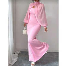 Modaurul Kadın Balıkçı Yaka Inci ve Tül Detay Dalgıç Kumaş Maxi Boy Elbise