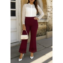 Modaurul Kadın Yüksek Bel Paçaya Doğru Genişleyen Lazer Çiçek Kesim Detaylı Ithal Krep Pantolon