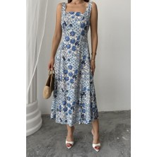 Modaurul Mavi Çiçekli Viskon Elbise