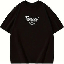 Modaurul Thousand Baskılı Oversize Bisiklet Yaka T-Shirt - Siyah