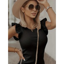 Modaurul Kadın Kolsuz Omzu Volanlı Bisiklet Yaka Kaşkorse Mini Elbise