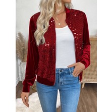 Modaurul Kadın Uzun Kollu Önü Açık Fermuarlı Pulpayetli Kadife Ceket