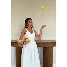 Modaurul Ekru Dantel Detaylı Askılı Elbise