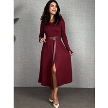 Modaurul Kadın Uzun Kollu Yakalı Belden Deri Detaylı Kuşaklı Yırtmaçlı Midi Viskon Iki Iplik Elbise