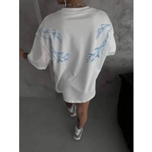 Modaurul Unisex Bisiklet Yaka Baskılı Oversize T-Shirt - Beyaz