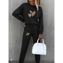 Modaurul Kadın Uzun Kollu Bisiklet Yaka Kalp Desenli Şardonlu Üç Iplik Bluz ve Pantolon Ikili Takım