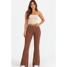 Modaurul Fitilli Kaşkorse Ispanyol Paça Tayt Yüksek Bel Esnek Günlük Rahat Pantolon - Kahverengi