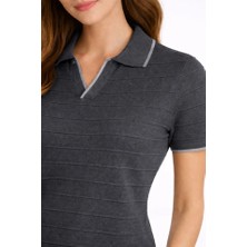 Modaurul Triko Kumaş Yakalı Düğmesiz Açık Yaka Fitilli Kısa Kollu Regular Fit Tişört T-Shirt - Siyah