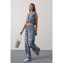 Modaurul Baskılı Önü Bağlamalı Yelekli Takım - Indigo