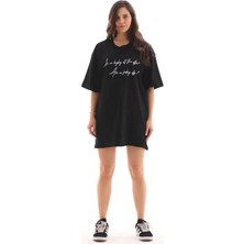 Modaurul Unisex Bisiklet Yaka Baskılı Oversize T-Shirt - Siyah