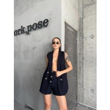 Modaurul Keten Yelek - Şort Takım - Siyah