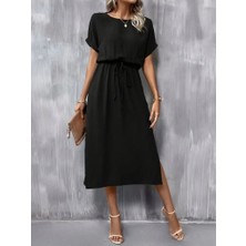 Modaurul Kadın Kısa Kollu Yakası Açık Belden Bağlamalı Yırtmaçlı Viskon Elbise