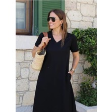 Modaurul Kadın Kısa Kollu V Yaka Cepli Viskon Elbise