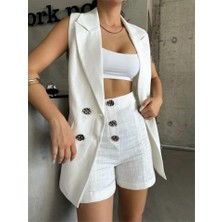 Modaurul Keten Yelek - Şort Takım - Beyaz