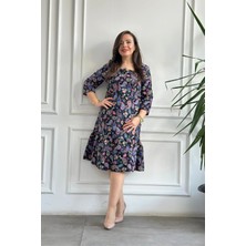 Yağmur Butik Etek Ucu Fırfırlı Kare Yaka Kadın Elbise A-Line Trend Stil Pembe - Mavi Desenli