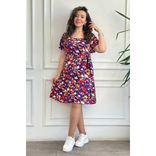 Kare Yaka Melek Kol Ebru Desen Viscon Elbise
