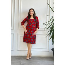 Yağmur Butik Kare Yaka Kırmızı Pazen Elbise Kadınlar İçin Şık Stil ve Standart Kol Tasarımı