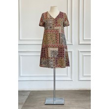 Melek Kol Patchwork Desen V Yaka Viscon Elbise