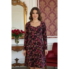 Yağmur Butik Roma Yaka Arkası Fermuarlı Pazen A-Line Elbise Trend Stil Pembe - Siyah Renk Kadınlar İçin