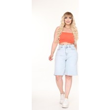 Zeo Basic Kadın Büyük Beden Likralı Uzun Bermuda Kot Şort Midi Boy Buz Mavi