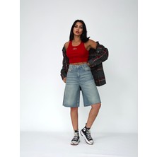 Zeo Basic Kadın Uzun Bermuda Kot Şort Yırtık Detaylı Midi Boy Tint