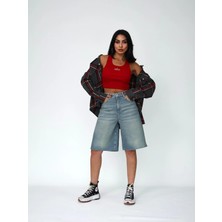 Zeo Basic Kadın Uzun Bermuda Kot Şort Yırtık Detaylı Midi Boy Tint