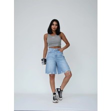 Zeo Basic Kadın Uzun Bermuda Kot Şort Yırtık Detaylı Midi Boy Açık Fresh Mavi