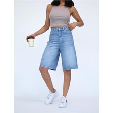 Zeo Basic Kadın Midi Boy Orta Mavi Likralı Kot Şort