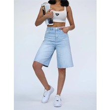 Zeo Basic Kadın Midi Boy Açık Mavi Likralı Jean Şort