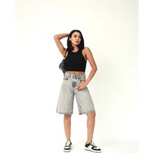 Zeo Basic Kadın Midi Boy Açık Gri Kot Şort