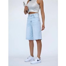 Zeo Basic Kadın Midi Boy Buz Mavi Likralı Jean Şort