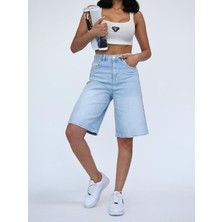 Zeo Basic Kadın Midi Boy Açık Mavi Likralı Jean Şort