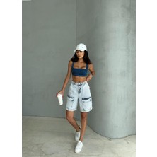Zeo Basic Kargo Cepli Buz Mavi Bermuda Şort