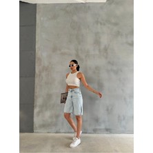 Zeo Basic Yanlardan  Yırtmaçlı  Fresh Mavi Denim Şort
