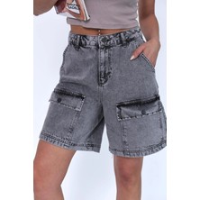 Zeo Basic Kargo Cepli Füme Wash Bermuda Şort