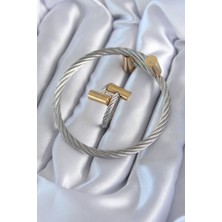 Inure Jewelry 316L Çelik Gümüş Renk Gold Detay Sarmal Model Erkek Bileklik Yüzük Kombini