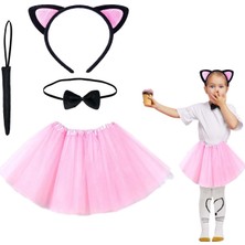 Pileli Store Pembe Renk Etekli Kedi Kostüm Seti (Tütü, Taç, Papyon, Kuyruk)