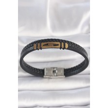 Inure Jewelry 316L Çelik Gold Renk Aksesuarlı Çift Sıra Siyah Burgu Desenli Deri Kordon Erkek Bileklik